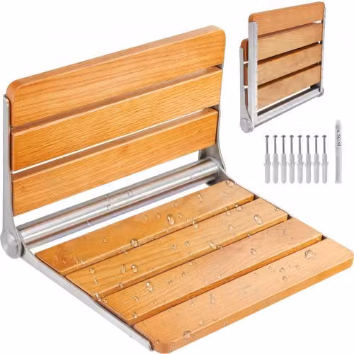 VEVOR Sedile per Doccia Pieghevole a Parete in Rovere Marrone, Panca Salva Spazio per Anziani e Bambini, Capacità 199,58 kg, L: 40,8 cm, P: 34 cm, H: 27 cm