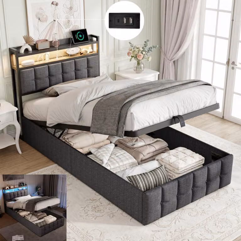 Letto imbottito INONEFT 90x200 cm con LED e porta USB di tipo C, letto con box contenitore ad apertura idraulica, letto singolo per giovani con rete a doghe e contenitore, colore grigio lino