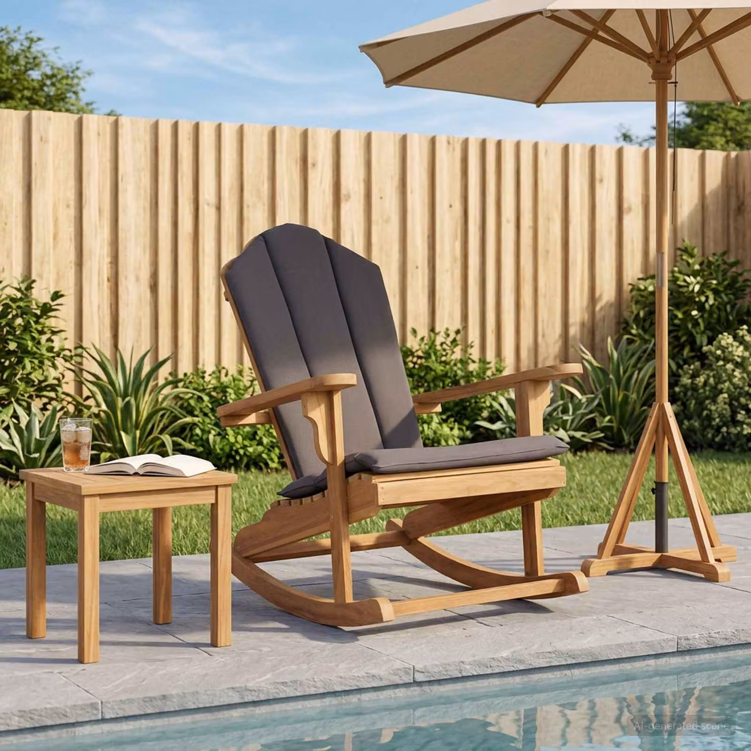 Sedia a dondolo Adirondack da giardino vidaXL in legno di teak marrone con cuscini inclusi L/P/H: 102 x 104 x 110 cm