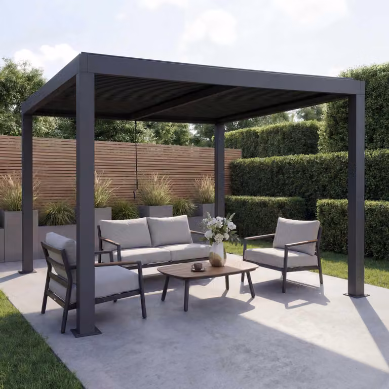 Pergola MCW-L46, gazebo da giardino con lamelle, telaio in alluminio da 10 cm, grondaia resistente alle intemperie, 3x3 m ~ antracite