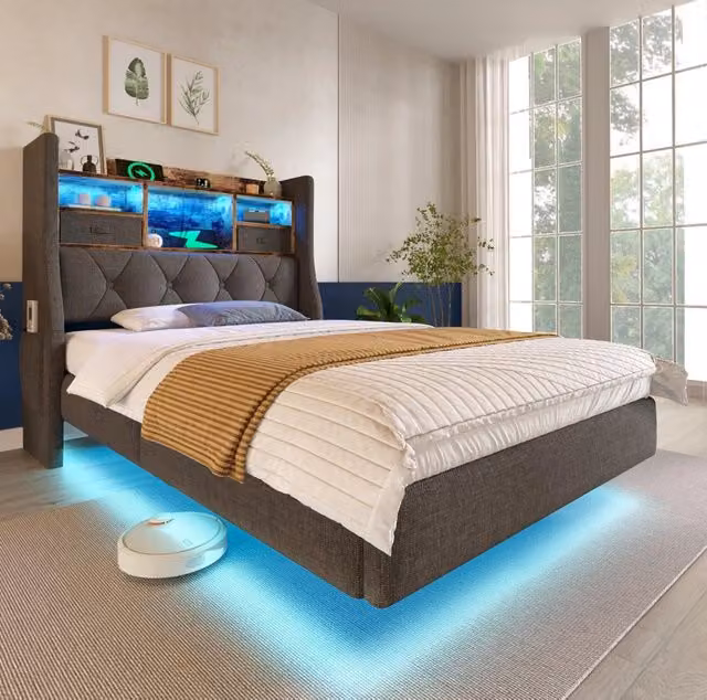 Letto imbottito 90x200 cm grigio con LED, ricarica USB-C e rete a doghe