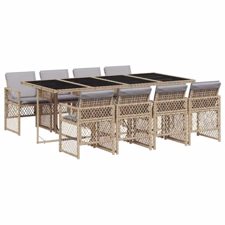 Set da Pranzo da Giardino 9 pz con Cuscini Beige in Polyrattan