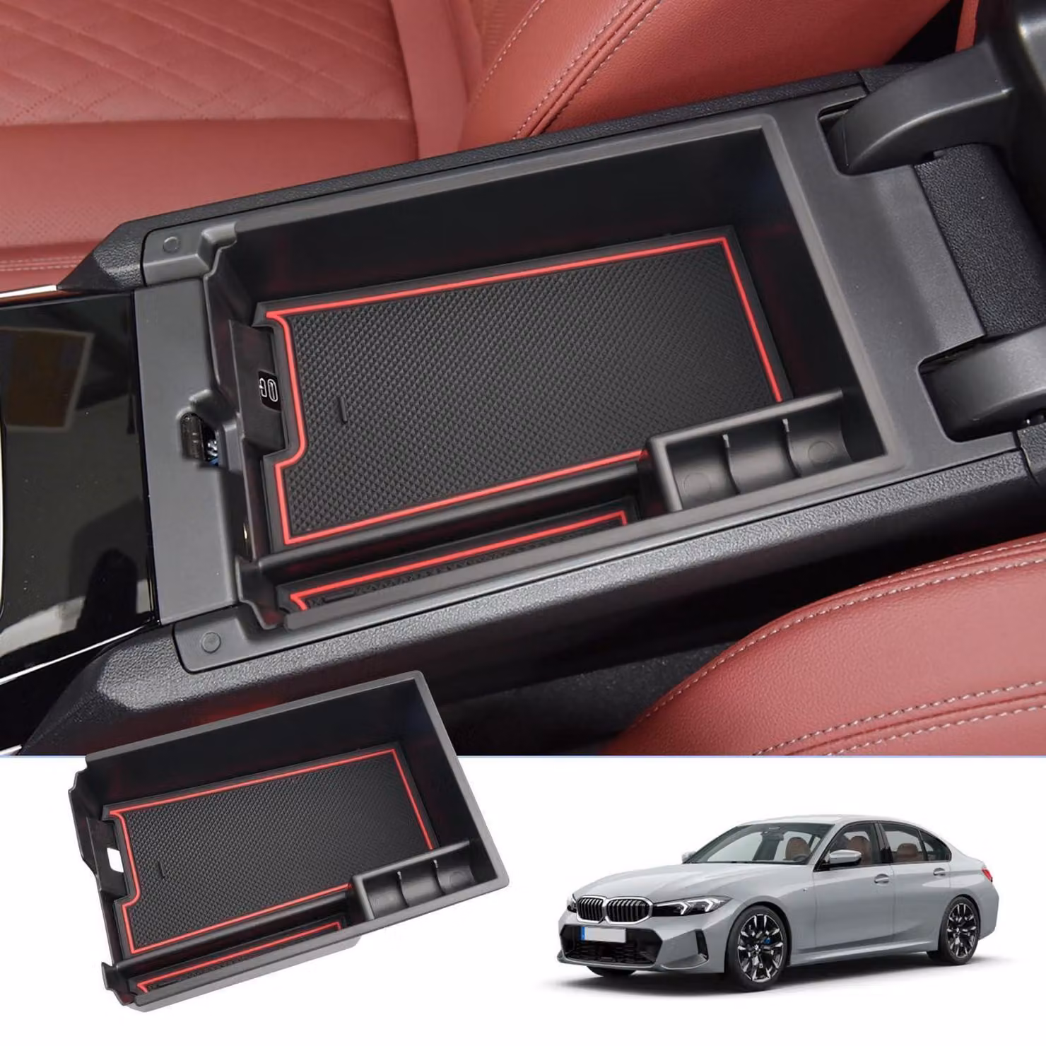 Contenitore portaoggetti per la console centrale, compatibile con BMW Serie 3 (G20/G21/G28), Serie 4 (G22/G23/G26), i3, i4, colore rosso