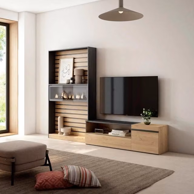 Mobile TV da soggiorno SKRAUT HOME con camino elettrico per TV fino a 65 pollici, colore Rovere e nero, L: 260 cm, P: 35 cm, H: 186 cm