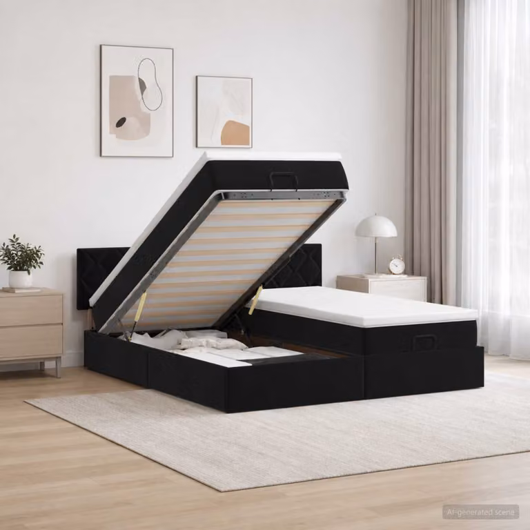 Letto ottomano con materasso e testiera vidaXL in velluto nero, L/P/H: 200 x 200 x 88 cm
