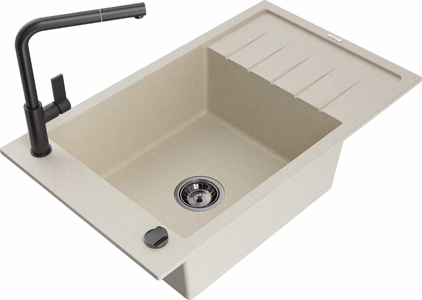 Mexen Elias lavello da cucina in granito a 1 vasca con sgocciolatoio e rubinetto Flora, beige - 6511-69-670401-70-B