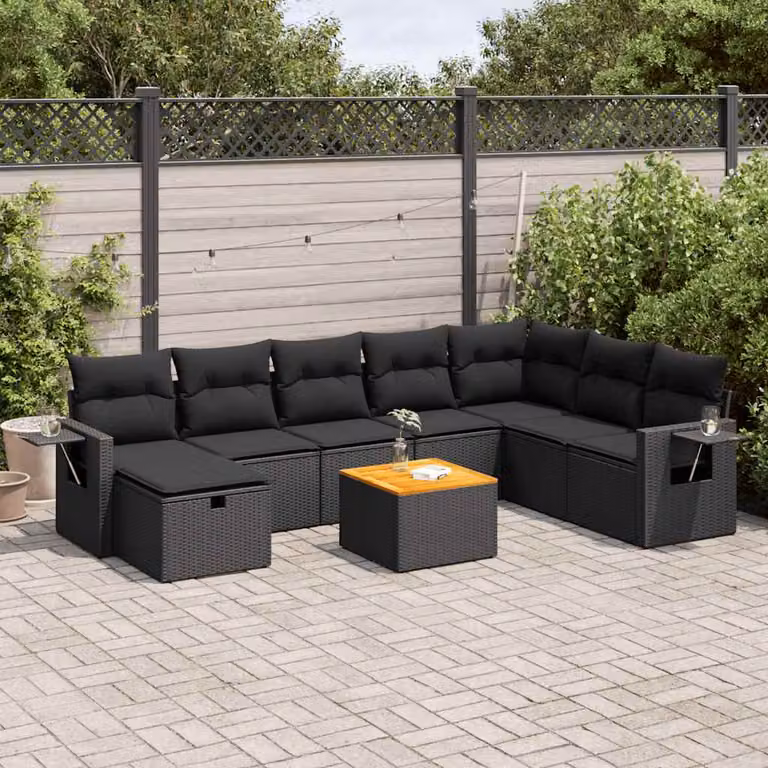 Set di divani da giardino vidaXL 9 pz in polyrattan nero con cuscini e tavolino da esterno a forma di U