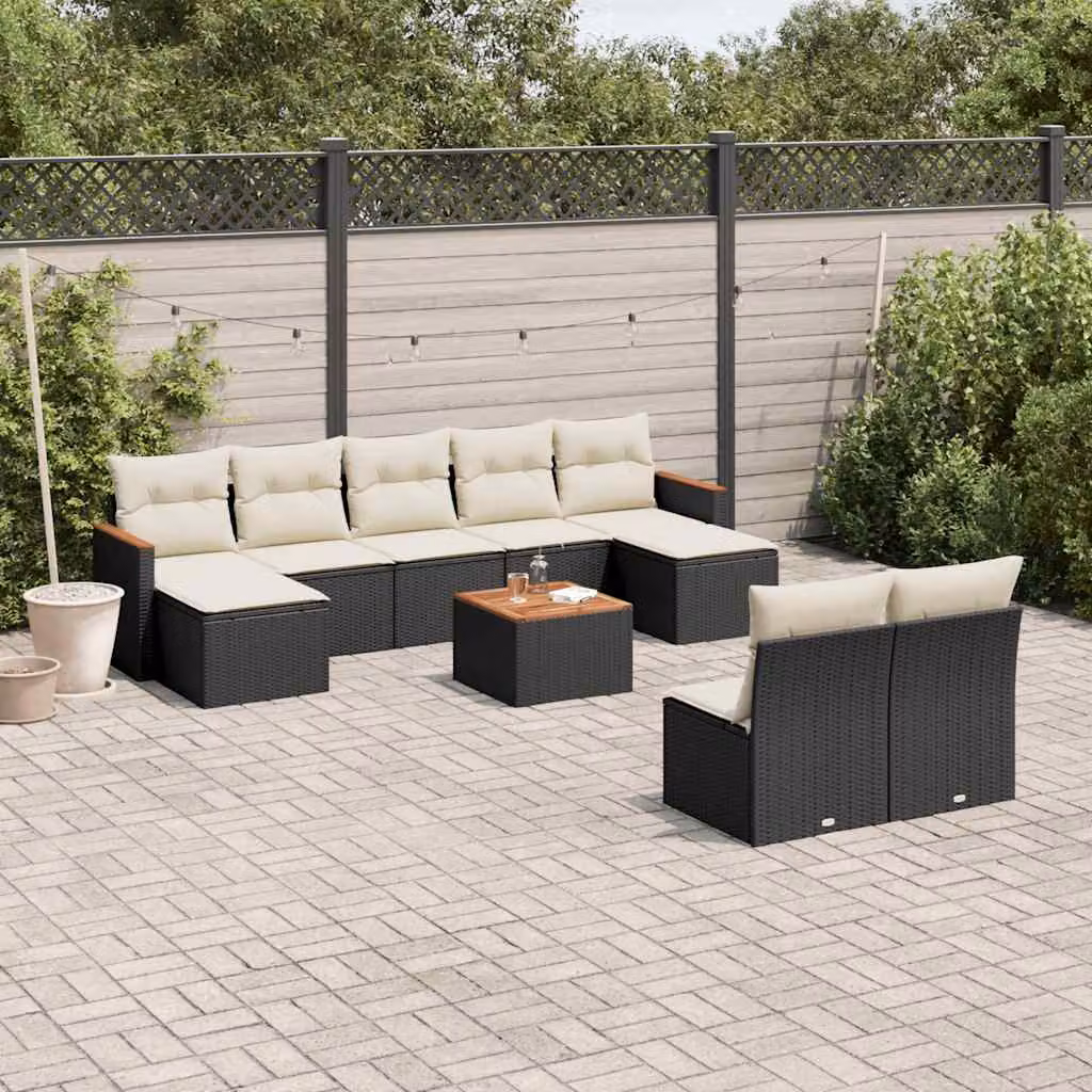 Set di divani da giardino vidaXL 10 pezzi in polyrattan nero con cuscini e tavolino da esterno – 1