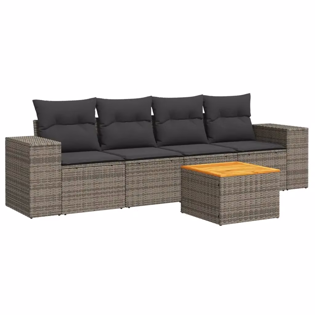 vidaXL Set Divano da Giardino 5 pz in Polyrattan Grigio con Cuscini e Tavolino – 2