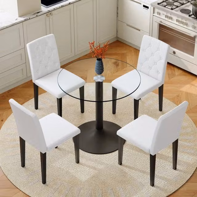 Set tavolo da pranzo rotondo in vetro con 4 sedie in PU bianche