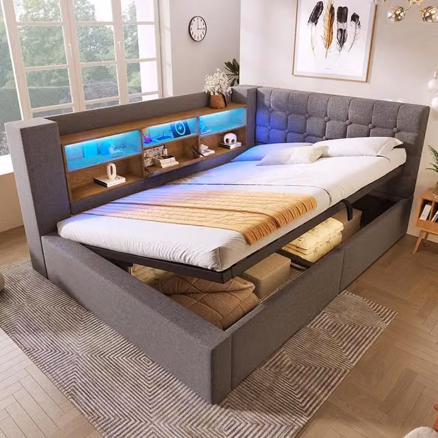 Letto imbottito-Xylo-140x200cm LED idraulico testiera a L lino grigio senza materasso