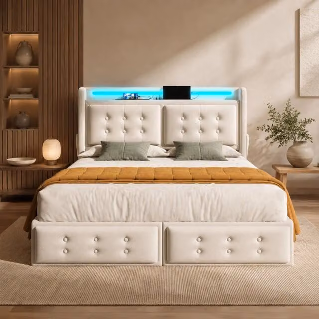 Letto imbottito 180x200 cm con 4 cassetti; LED; USB e Type-C; cotone e lino; beige