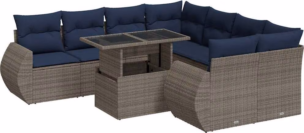 Set Divano da Giardino 9pz con Cuscini Grigio Polyrattan Acacia