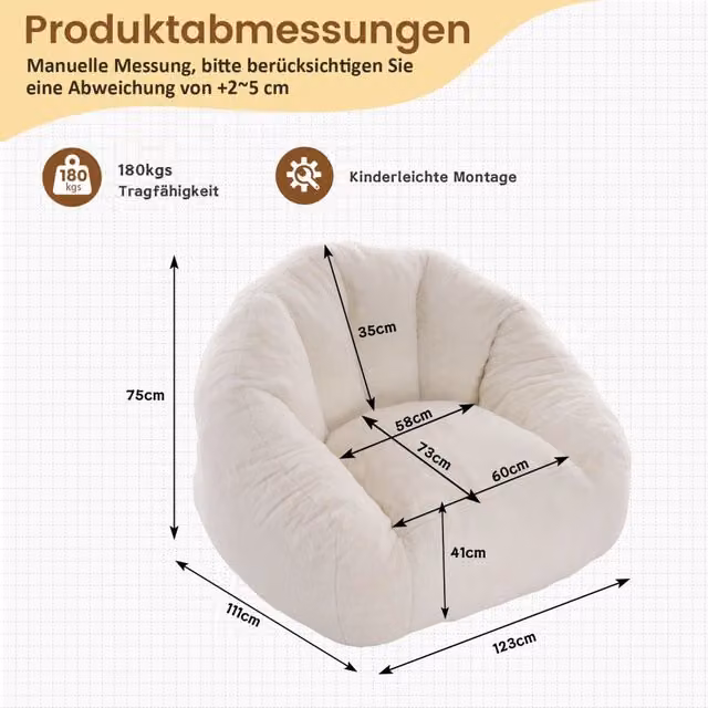 Sitzsack per adulti WISHDOR in pelliccia sintetica bianca, pouf lounge moderno pre-riempito per soggiorno e camera da letto