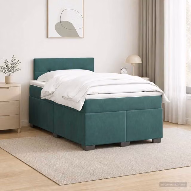 Letto moderno vidaXL con Box Spring, materasso ibrido a molle insacchettate, illuminazione LED sottostante e porta USB, rivestimento in velluto verde, L/P: 120 x 200 cm – 1