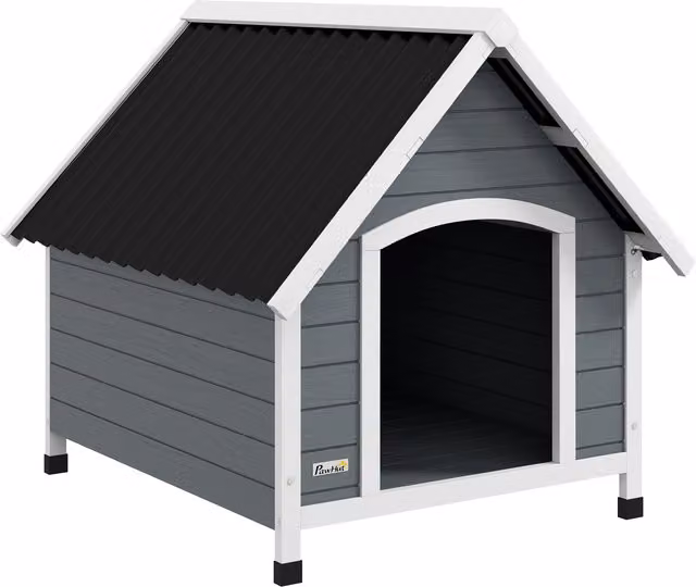 Casetta per cani PawHut in legno grigio per esterni con pavimento rimovibile L 84 cm x P 99 cm x H 87 cm – 1