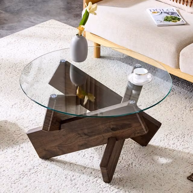 Tavolino basso rotondo OKWISH con piano in vetro trasparente e base in MDF noce, Diametro: 79 cm – 1