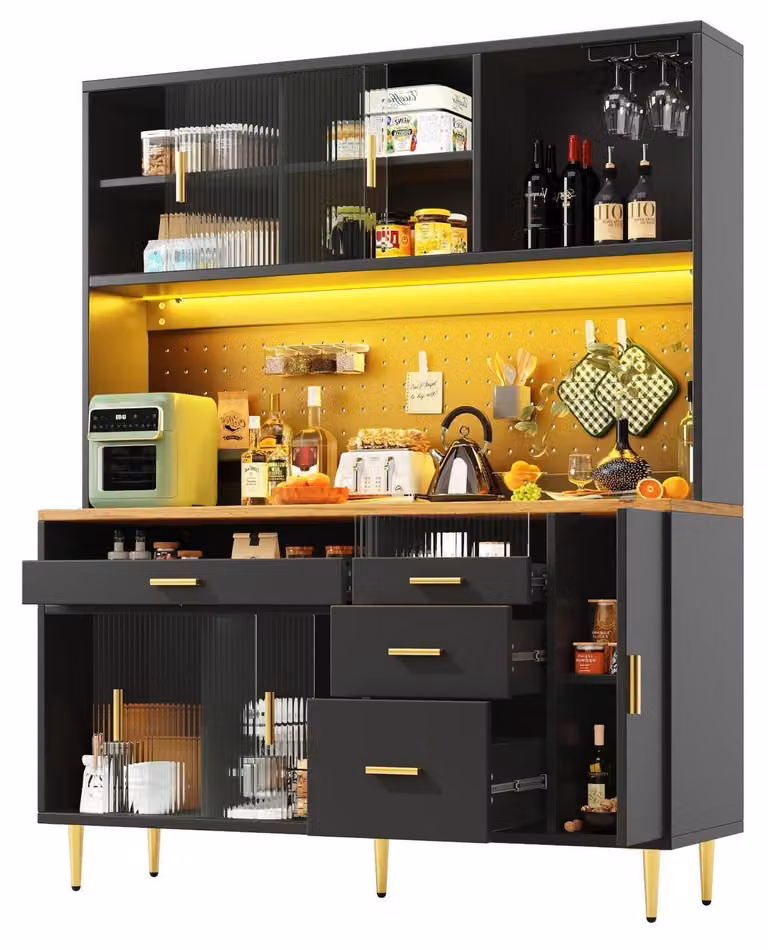 Armadio da cucina, mobile alto con vetrina, piano di lavoro e scaffale per vino, illuminazione LED, mensole a griglia, dimensioni 145x24x171 cm, colore nero