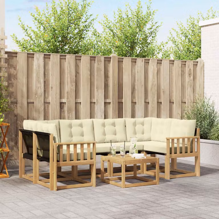 Set di divani da esterno vidaXL 7 pz a forma di L in legno di acacia con tavolino da caffè, colore bianco e beige
