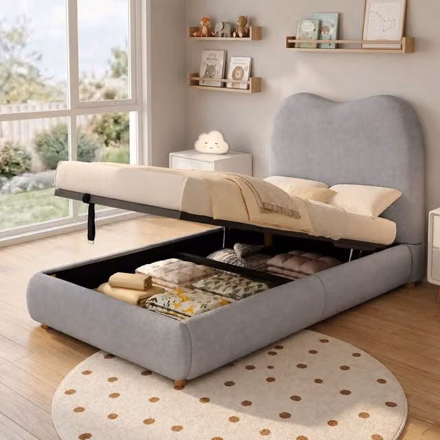 Letto imbottito singolo contenitore ¨C Minimal ¨C Grigio tessuto 90x200cm con rete a doghe testiera idraulico