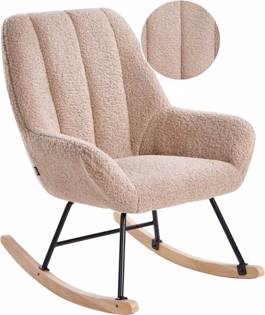 Sedia a dondolo Rivestimento in bouclé beige Teddy Metallo Gambe nere Braccioli Ampio schienale Soggiorno