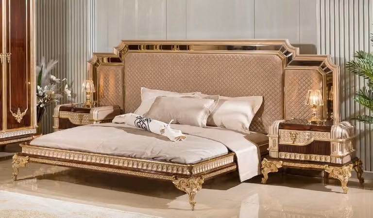 Casa Padrino letto matrimoniale barocco con 2 comodini grigio / marrone scuro / oro - Mobili barocchi