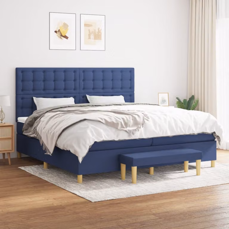 vidaXL Giroletto a Molle Ibrido con Materasso in Tessuto Blu e Bianco L/P: 200 x 200 cm