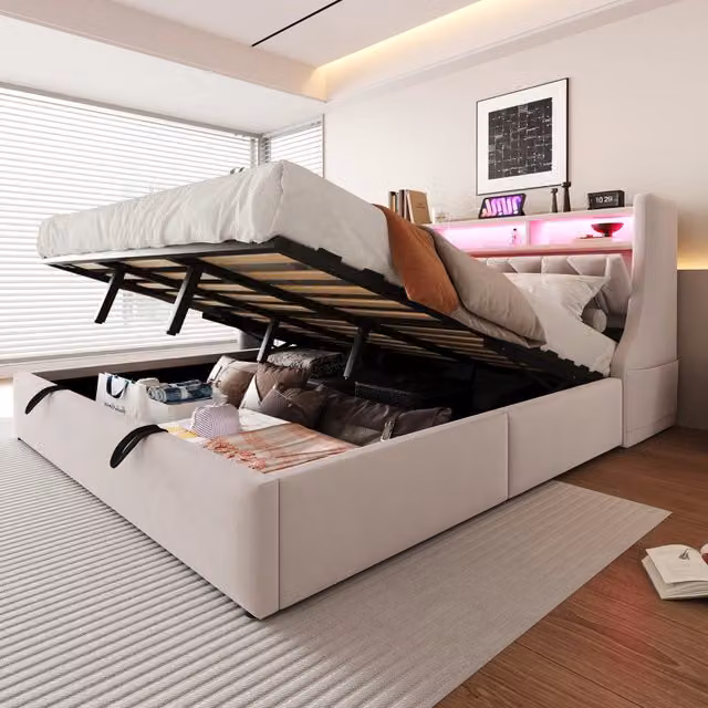 Letto 180x200 cm in velluto beige con contenitore idraulico salvaspazio –
