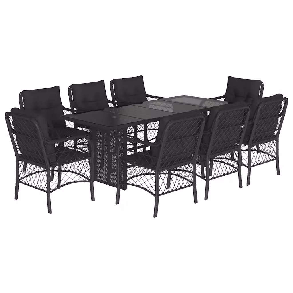 Set da Pranzo da Giardino vidaXL in Polyrattan Nero con Cuscini e Tavolo in Vetro, 9 Pezzi – 2