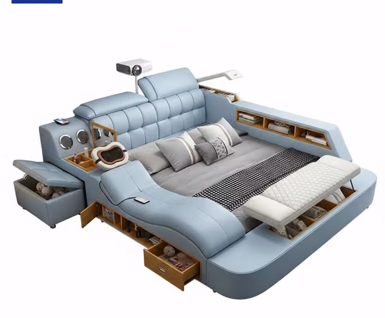 Letto multifunzionale, stile moderno, color beige, struttura in legno, comodo