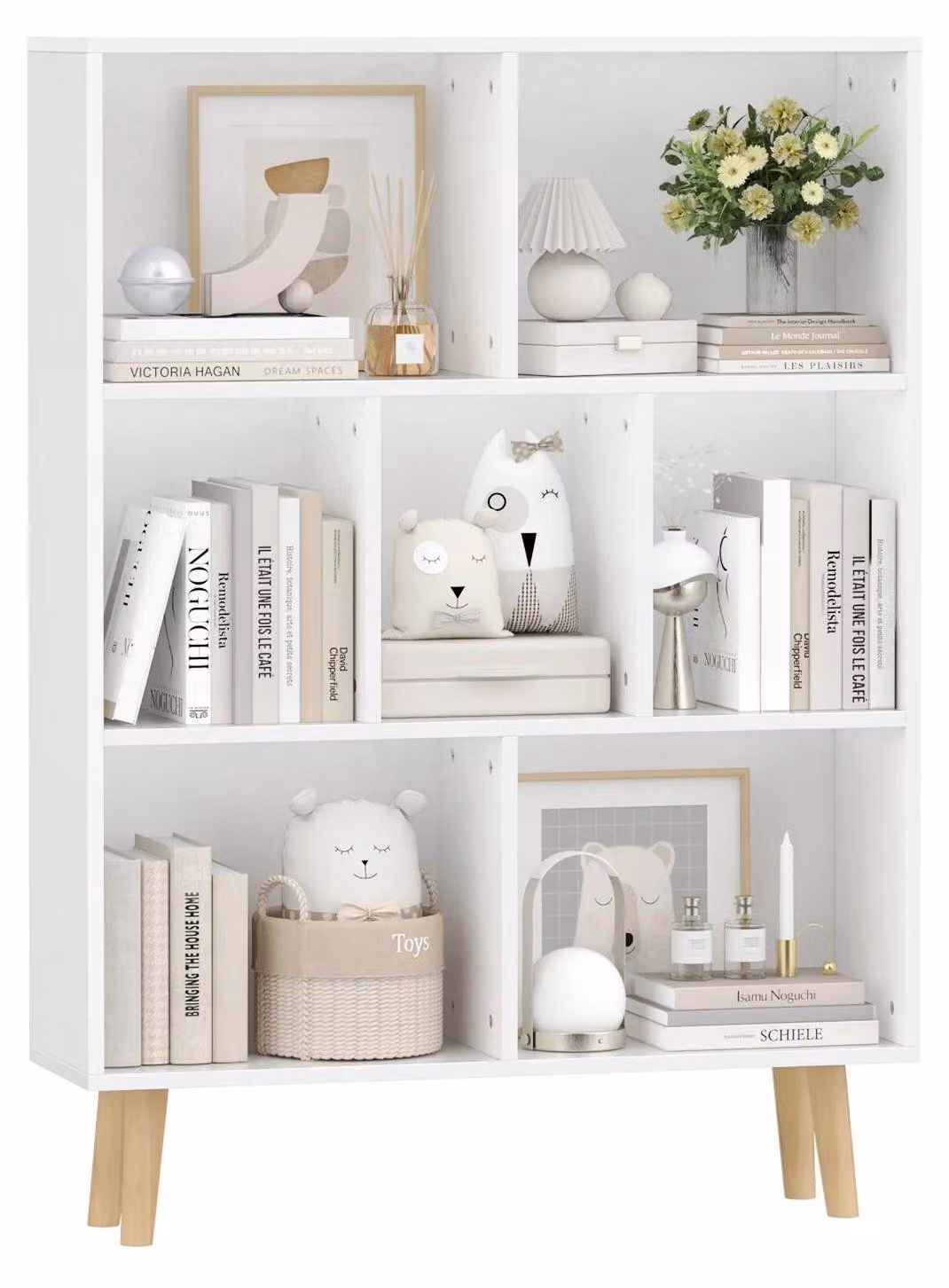 Libreria a 7 scomparti - Libreria a colonna - 3 ripiani - Legno - Design moderno e minimalista - Ideale per soggiorno o scrivania - Dimensioni 80 x 24 cm - Bianco