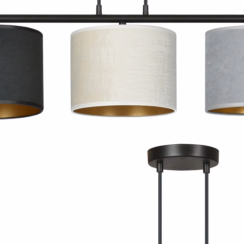 Lampadario a sospensione Vinayaka Luceart-Classic con 3 luci in acciaio nero e paralumi in tessuto multicolore beige, grigio e oro – 2
