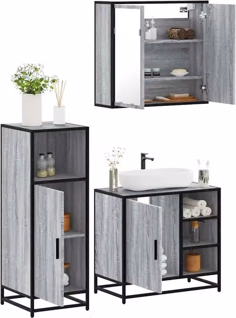 Set Mobili da Bagno 3 pz Grigio Sonoma in Legno Multistrato 3300968