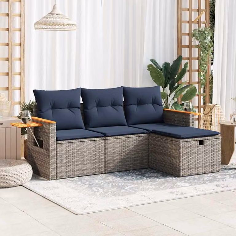 Set di divani da giardino vidaXL a forma di L con cuscini blu e struttura in rattan grigio e metallo