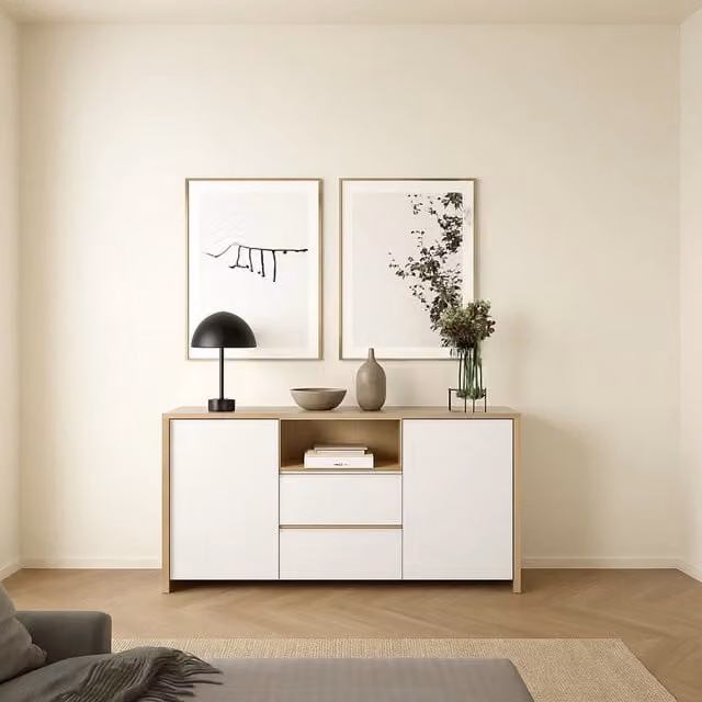 Credenza Alalngar DMORA, Buffet e Madia per Soggiorno o Cucina, Rovere e Bianco lucido, L: 149 cm, P: 48 cm, H: 84 cm