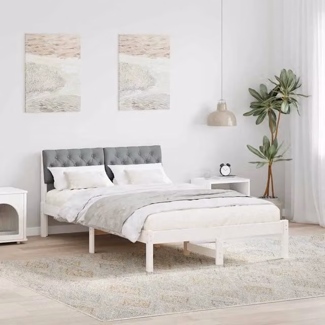 Struttura del letto imbottita vidaXL in legno di pino e tessuto, bianco e grigio, L/P/H: 125,5 x 204,0 x 78,5 cm – 1
