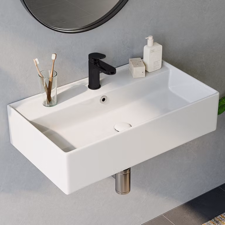 HOROW, lavabo da parete, 55 x 31 cm, design con bordo sottile, lavabo rettangolare da appendere, lavabo da appoggio con foro per rubinetto e troppofilo