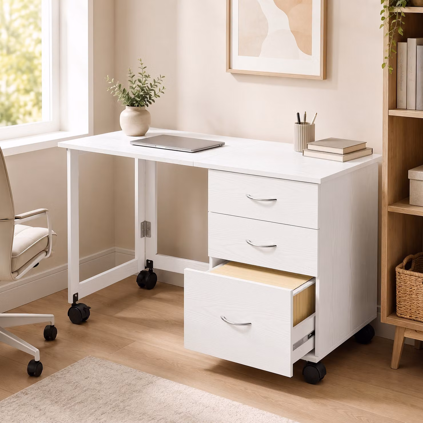 Scrivania da ufficio pieghevole HOMCOM con 3 cassetti e 4 ruote con freno, colore bianco – 2
