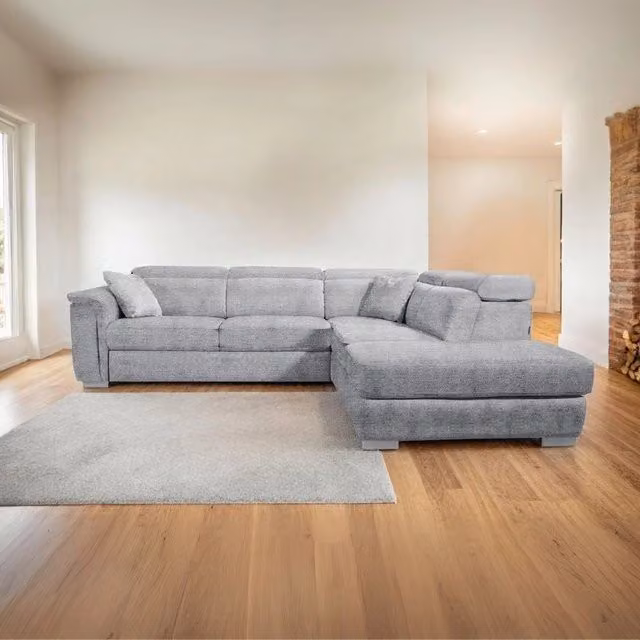 Divano angolare Carovigno con letto e pouff contenitore, penisola destra, tessuto teddy Arizona 101 grigio, L: 270 cm, P: 174 cm, H: 75 cm – 1