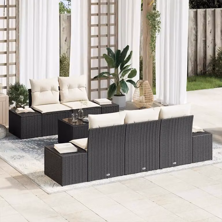 Set Divano da Giardino 6 pz vidaXL in Polyrattan Nero e Beige con Cuscini e Tavolino