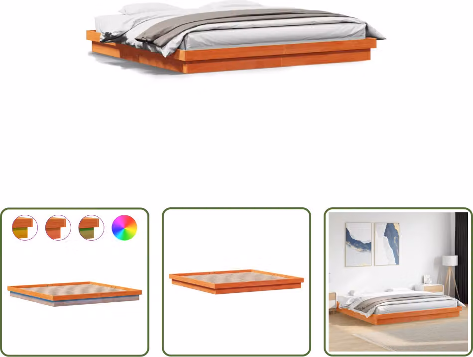 The Living Store Letto in legno massiccio con illuminazione LED marrone cera 200x200 cm pino