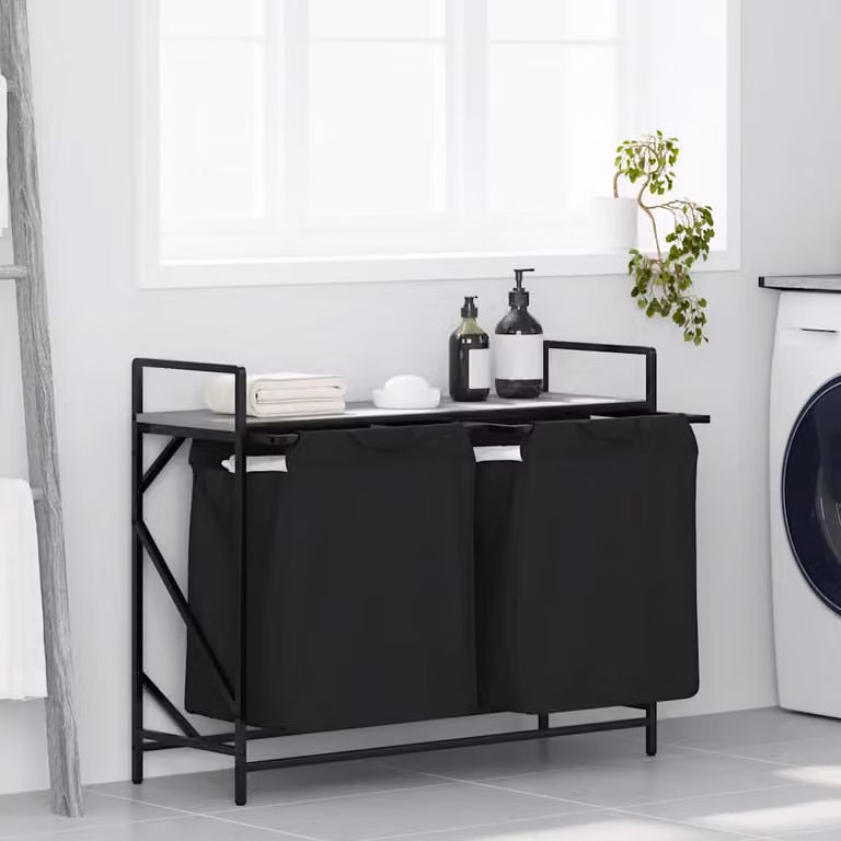 vidaXL Cesto della Biancheria a 2 Scomparti con Ripiano, Grigio e Nero, L/P/H: 77 x 33 x 97 cm