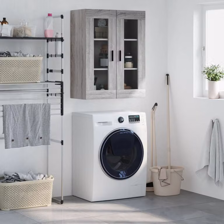 Mobile a parete vidaXL moderno con ante in vetro e ripiani interni, Grigio Sonoma, L: 69,5 cm, P: 34 cm, H: 90 cm