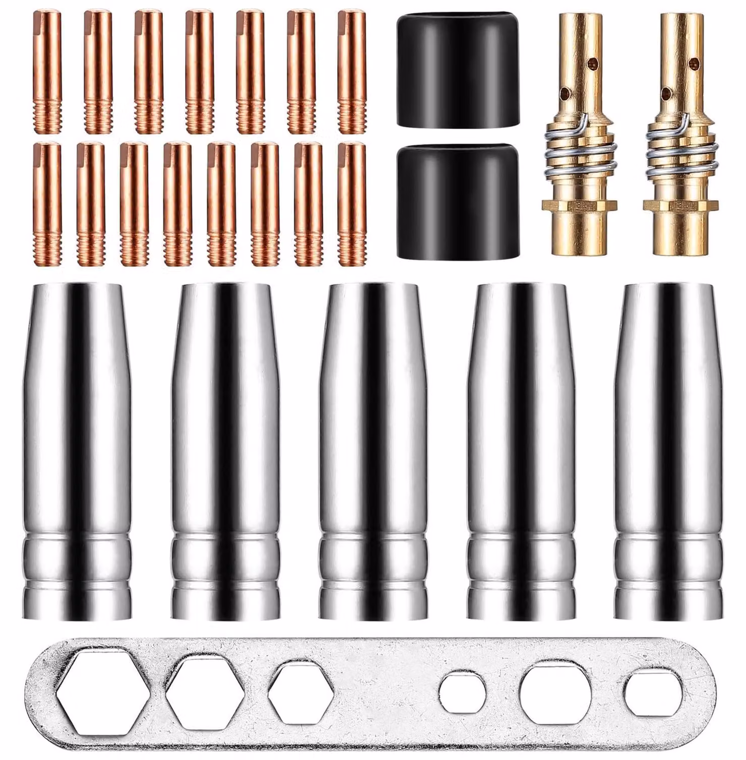 Set di 25 pezzi di ricambi per saldatrice, comprensiva di 5 ugelli per gas e 15 ugelli di alimentazione M6 da 0,8 mm