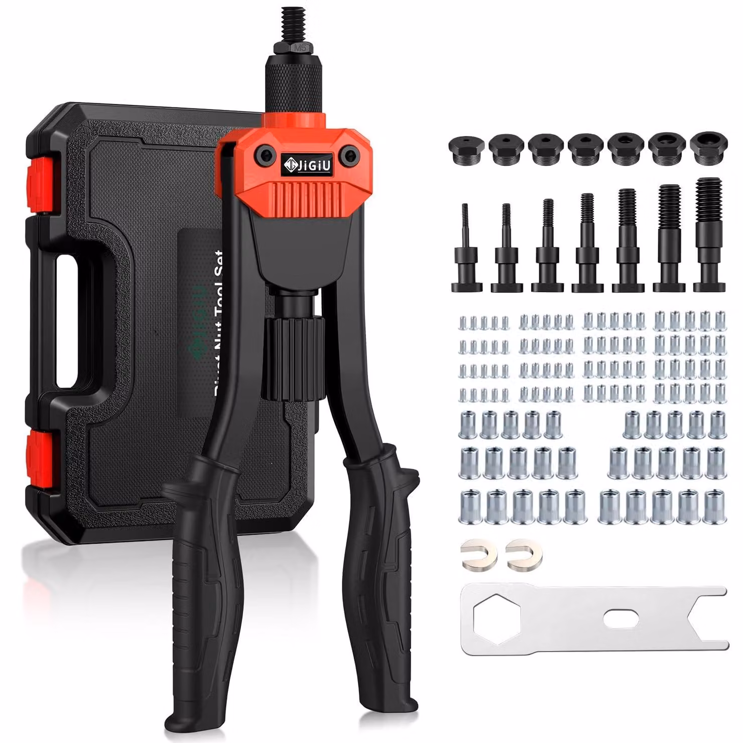 Kit di strumenti per ribadatura con 7 mandrini metrici e 110 elementi di fissaggio a rivetto