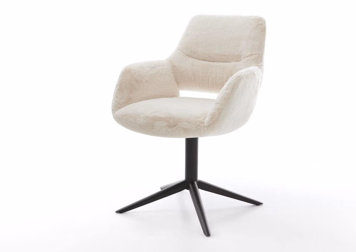Sedia girevole DELIFE Yago-Flex con braccioli, rivestimento in peluche bianco crema, base a croce nera, rotazione a 360°, funzione oscillante, molle insacchettate