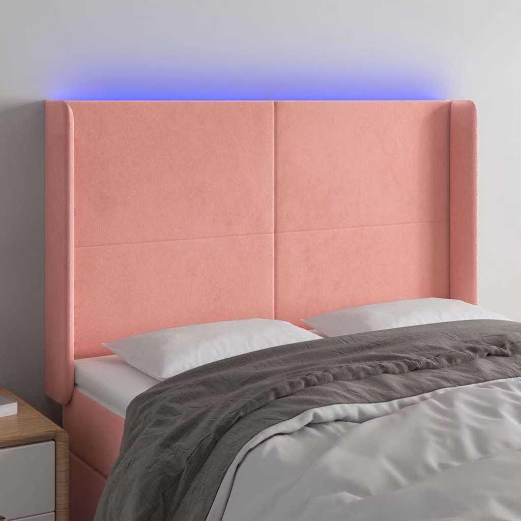 vidaXL Testiera per letto in velluto rosa con illuminazione LED e porta di ricarica USB, L: 147 cm, P: 16 cm, H: 118-128 cm – 1
