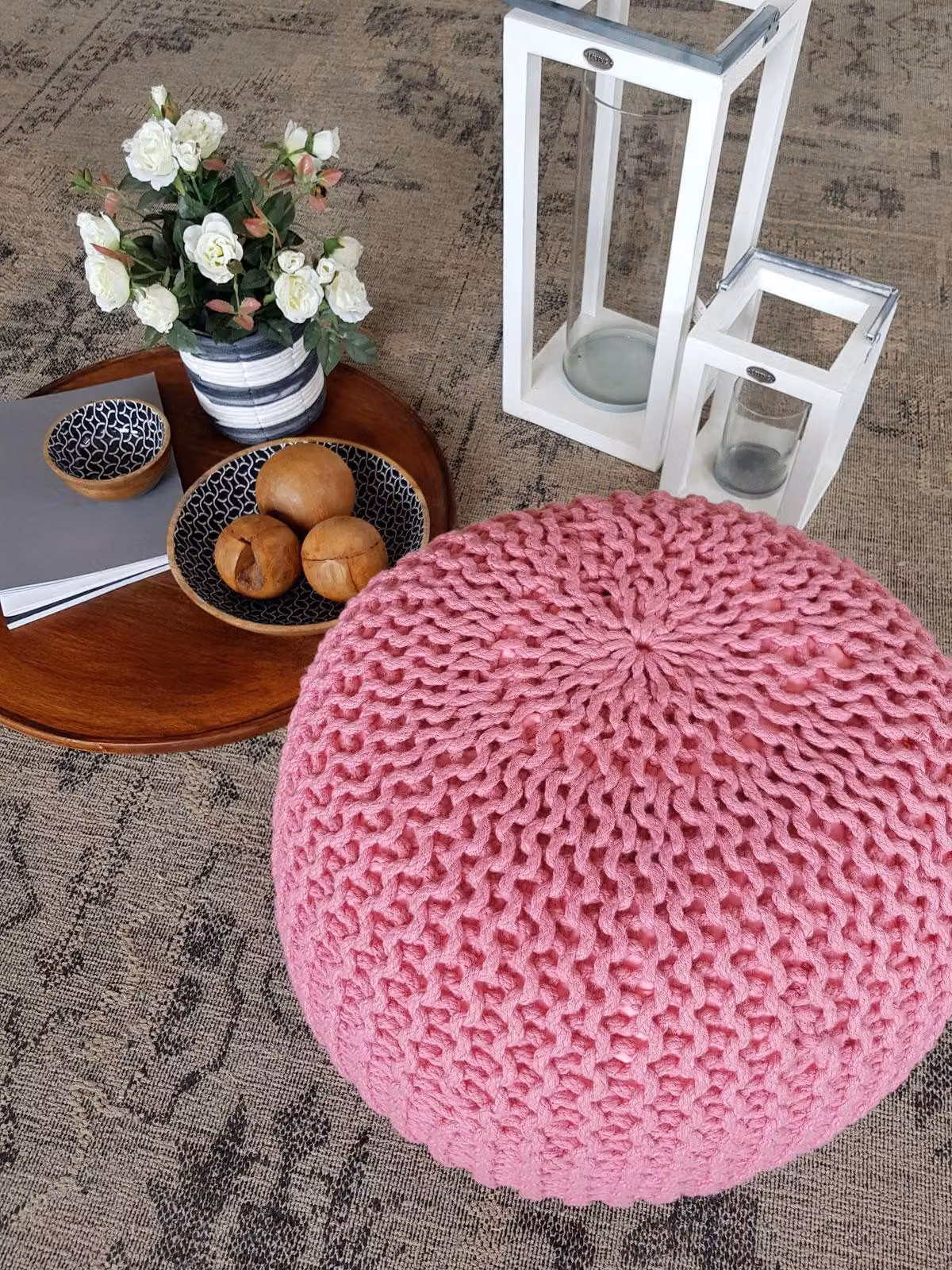 Pouf sgabello lavorato a maglia fatto a mano in cotone riciclato, sostenibile Ø 55 cm rosa