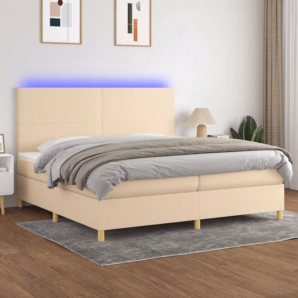 Letto Ibrido con Materasso e Illuminazione LED vidaXL in Tessuto Bianco e Beige L: 200 cm, P: 200 cm, H: 128 cm – 1