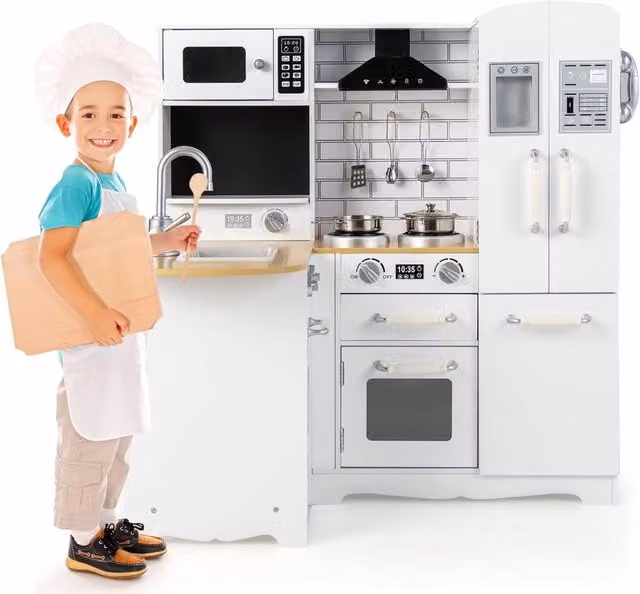 Cucina ad angolo giocattolo Costway in legno e metallo con lavello, fornelli, cappa, telefono e frigorifero, Bianco – 1